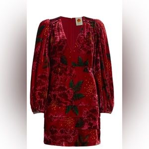 Farm Rio Shiny Flowers Red Velvet Minidress Medium NWOT